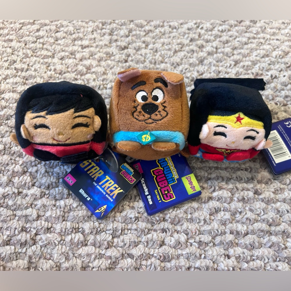Kawaii cube plush toy bundle- Scooby doo, Wonder Woman, and Uhura from Star Trek